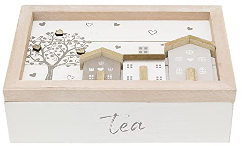 Scatola da tè in legno dal design shabby chic, 24 x 16 cm, con 6 scomparti, per bustine da tè, organizer da cucina