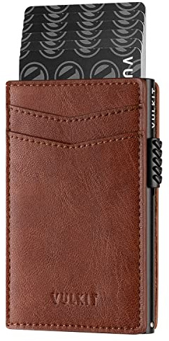 VULKIT Kreditkartenetui Leder Kartenetui RFID Blocking Automatische Pop Up Visitenkartenetui für Karten & Notizen