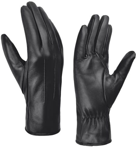 Harssidanzar Damen Leder handschuhe Winter Warmes Kaschmirfutter Touchscreen Vintage Finished GL017EU,Schwarz, Größe XL