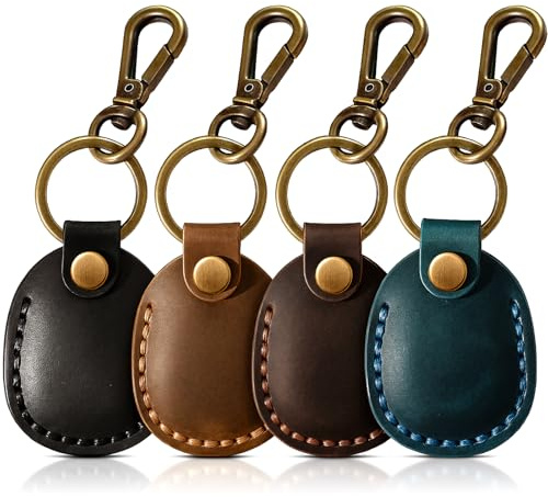 Q1T5 4-pack läder Airtag-hållare nyckelring, kompakt handgjord äkta läder luftetikettshållare med nyckelring, heltäckande fodral kompatibel med AirTag [4-pack], Flerfärgad 1