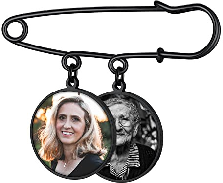 Custom4U Personalisierte 2x Rund Brosche Schwarz mit Fotogravur Memorial Brautstrauß Fotoanhänger mit Bild Damen Frauen Foto Anstecker Sicherheitsnadel Brosche Clip Brosche Pin Schmucknadel