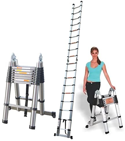 Échelle Télescopique 5m / 2,5 m + 2,5 m Échelle télescopique avec stabilisateur - Échelle Multi-Usage - Charge maximale : 150 kg, Échelle télescopique Extensible en Acier Inoxydable 16 Echelons