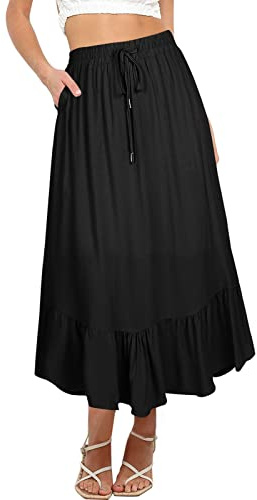 REORIA Jupes pour Femmes Jupes Maxi Taille Haute élastiques pour Femmes Jupes Longues avec Poches Noir XL