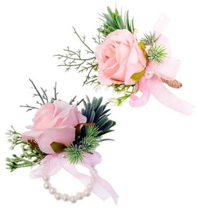 Rikyo Rose Wrist Corsage Wristlet Band Bracelet and Men Boutonniere Set, Corsage for Prom,Bride Hand Flower,Wedding Flowers Ceremony,Wedding Party Prom Decor,Handmade Petals Hair Hat Wreath