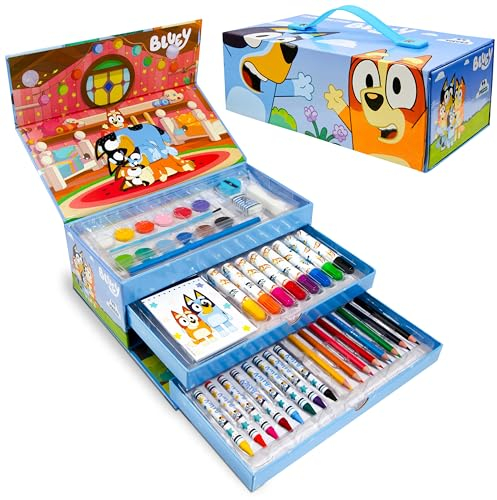 Bluey Malkoffer für Kinder Malset mit Buntstifte Wachsmalstifte Wasserfarben Künstlerbedarf Kinder - Malkasten Geschenke für Kinder (Blaues 3-stöckiges)