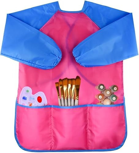 Voarge Grembiule da pittura in nylon impermeabile con maniche per bambini di 8-10 anni con maniche e 3 tasche usato, per la pittura artistica scolastica, la cucina, ecc. - Taglia L, Rosa, Child (8-10