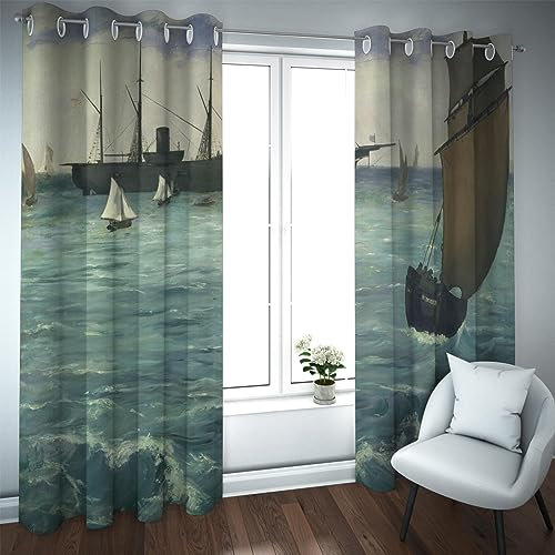 PARREN Blue Blackout Curtain for Bedroom Edouard Manet Style Big Ship on the Sea Famous Paintings Eyelet Curtain for Patio Sliding Door 66x54in