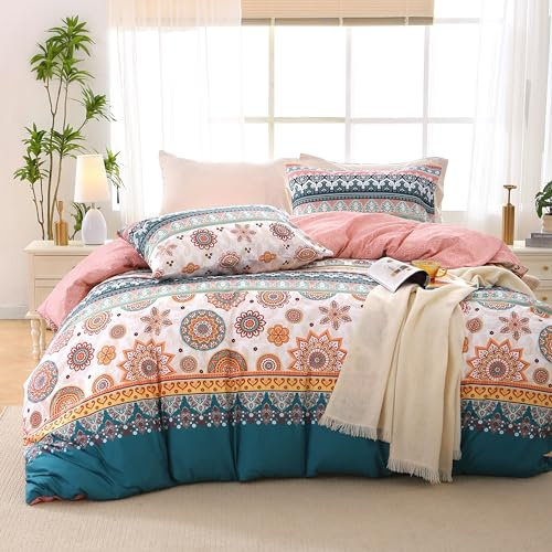 MUXHOMO Duvet Cover Queen Size Floral Duvet Cover Set with Zipper Closure, Boho Flower Bedding Set, 3 Pieces, 1 Duvet Cover 90x90 with 4 Corner Ties and 2 Pillowcases 20x30