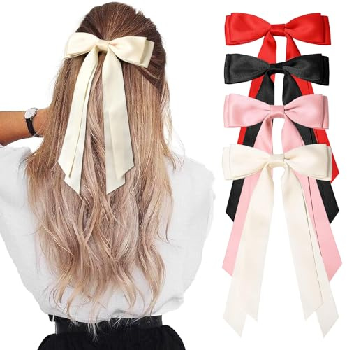 4 lazos de satén sedoso para el cabello, clip para el cabello, cinta para el cabello, accesorios para coleta de caballo, clips de metal, lazos para el cabello para mujeres y niñas (Color-M)