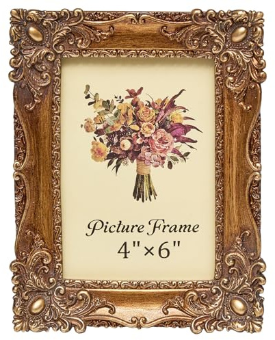 JANDERART Vintage Picture Frame 4x6 Inch, Antique Ornate Photo Frames with Glass Front, Retro Carving, Tabletop & Wall Hanging, Photo Gallery, Gift Ideas, Gold