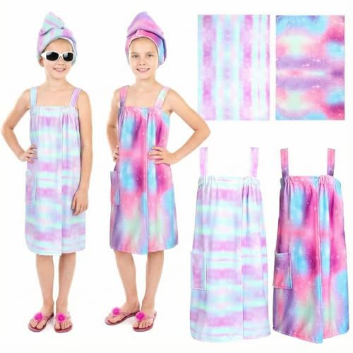 SmoothNovelty 2 Sets Girls Towel Wrap Hair Towel Wrap for Kids with Soft Bath Body Dress Cute Adjustable Bathrobe with Turbans for 3.9-4.9 ft Kids Girls Wet Hair Rapid Drying(Rainbow Style)