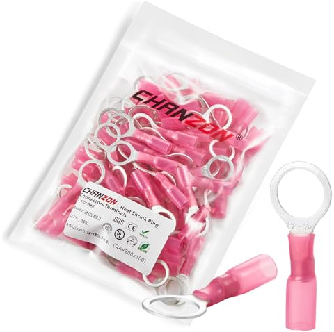 Chanzon 100pcs M10 Heat Shrink Ring Terminal 3/8 inch UL Listed 22-16AWG Gauge Eyelet Wire Connectors Waterproof Marine Grade Adhesive Lined Red Electrical Crimp Connector for Boat Truck Stereo Car