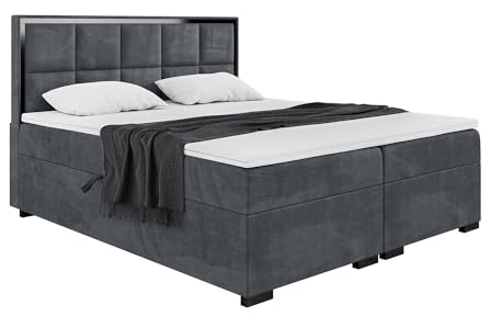 MEBLINI Boxspringbett mit Bettkasten - Gepolstert Doppelbett mit Matratze und Topper - Polsterbett mit Stauraum - Bett mit Kopfteil - Dani Black - 200x200 - H4/Dunkelgrau Samt