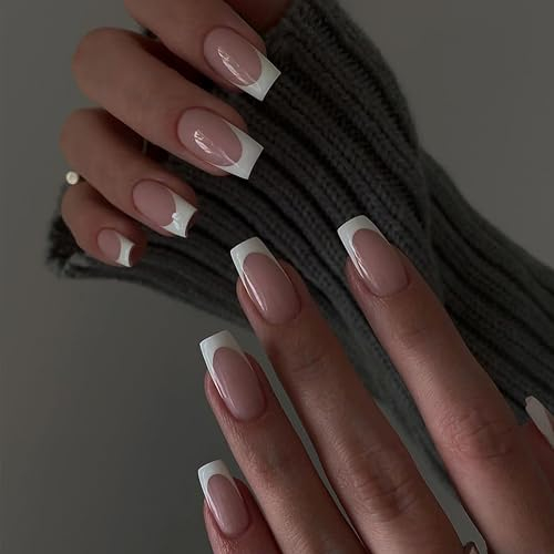 MrCuvaryas Eckig Nägel Zum Aufkleben, 24 Stück French Tip Press on Nails Kurz, Squoval Nude Natürlich Weiß French Fake Nails mit Nagelkleber für Frauen Nail Art, NailTips (White Classic, 12 Größe)