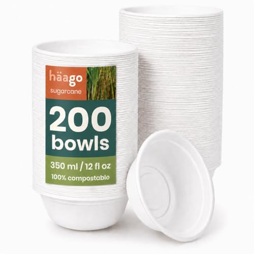 HAAGO 200 Biodegradable Sugarcane Bagasse Bowls, 350 ml - Strong Paper Bowls - Leak-Resistant, Eco-Friendly, Compostable & Disposable Party Bowl for Soup & Dessert, Hot & Cold Food