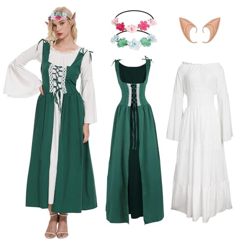YRTBGD Mittelalter Kleidung Damen,Renaissance Kleid mit Elfenohren Waldelfen Kopfschmuck-Halloween Karneval Kostüm Damen (Grün, M)