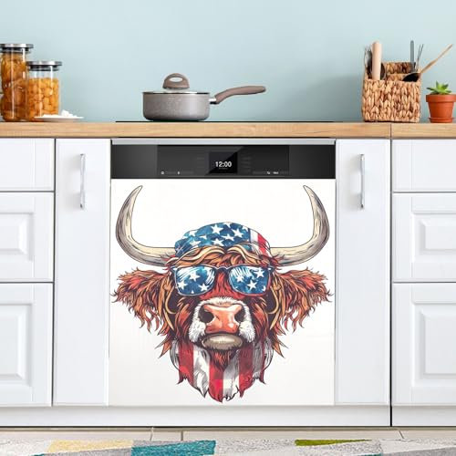 Magnetischer Aufkleber für die Küche, Geschirrspüler, amerikanischer Unabhängigkeitstag, Hochlandkuh, Magnet, Kühlschrank-Panel, Aufkleber, dekorative Feiertagsparty-Dekoration, 58,4 x 66 cm