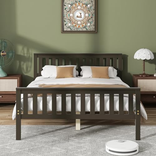 GIANTEX Full Size Wood Platform Bed Frame, Mid Century Full Bed Frame with Headboard, Wood Slat Support, Double Bed Frame, No Box Spring Needed, Easy Assembly, Espresso