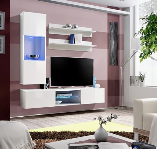 All4All Wohnwand Smart III - Schrankwand Hängend - Anbauwand Klein - Wohnzimmerschrank - Wohnzimmer - Wandschrank - Modern - Weiß Matt/Weiß Hochglanz 21