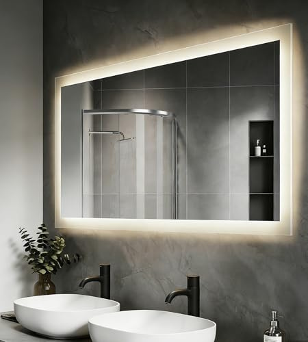 SVNR Badspiegel mit Beleuchtung, 100x60cm LED Spiegel Bad,Wandspiegel für Badezimmer,Aluminiumrahmen,Explosionsgeschütztes Glas,Kanten aus mattiertem Glas,IP44 energiesparend