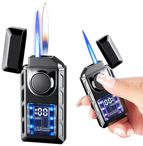 WIYETY Mechero de metal inteligente de doble llama, con dos llamas de metal con cámara de aire visible, encendedor inflable a prueba de viento, adecuado para regalo, color negro