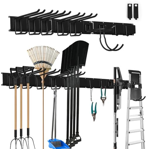 SDLDEER Garden Tool Rack, 48 inch Wall Mount Tool Organizer Garden Tool Storage with 9 Hooks with 2 Straps, for Holds Garden Tools, Shovels, Broom, Rakes, Ropes, Hoses