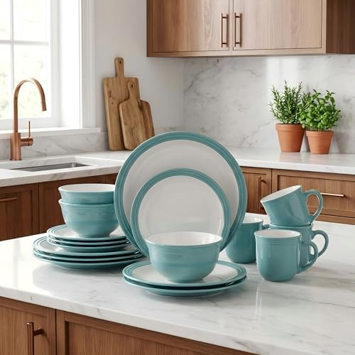 16pc Waterside Embossed Teal and White Stoneware Dinner Set; 4 Dinner Plates, 4 Side Plates, 4 Deep Bowls & 4 Mugs - Dishwasher & Microwave Safe