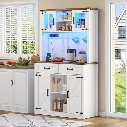 Barschrank mit LED-Beleuchtung und Steckdosen,großer Küchen-Buffetschrank,mit 2 großen Schubladen,Scheunentor-Design,verstellbaren Einlegeböden,rustikaler Kaffeebar-Sideboard-Tisch,Weiß,100x170cm