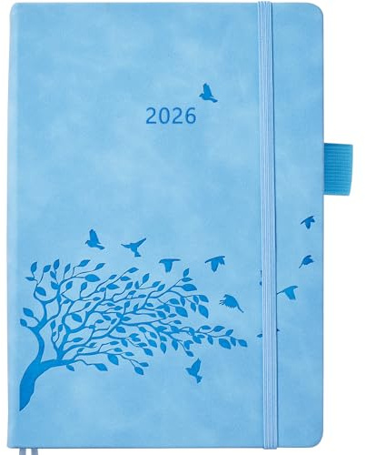 Agenda 2026 En sida per dag A5, daglig planerare med små flikar, anteckningar, kontakter, bakficka, pennhållare, 2 bandbokmärke, hårt PU-läder, januari till december 2026