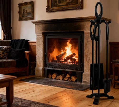 Kingson Set di accessori per caminetto in ghisa, 4 pezzi, con spazzola, pala, attizzatoio e supporto, robusto design tradizionale, altezza 63,5 cm, finitura in ferro nero