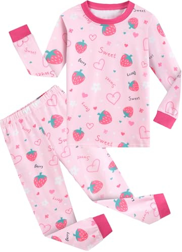 EULLA Girls Pjs Set Long Sleeves Pink Pyjamas for Kids Strawberry Sleepwear Shirt Pants 6-7 Years