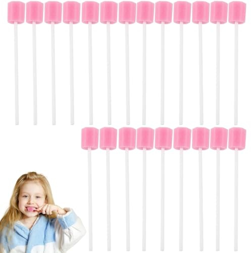 HABNI 100 Stück Mundpflegestäbchen, Sterile Dental Mundschwämme, Reinigungstupfer, Mundhygieneschwamm, Rosa, 10 Cm Lang, Blumenförmig