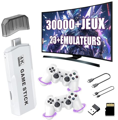 M2 Console de Jeux rétro Retro Game Stick Sortie HD 4K, Plus de 30 000 Jeux, 23 émulateurs, processeur Double cœur Cortex-A7, Console de Jeux vidéo Plug & Play avec 2 manettes sans Fil (128 Go)