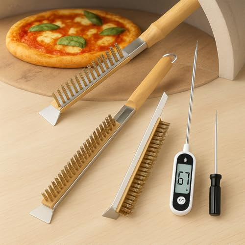 StyBtt Pizzaofen Bürste 53cm mit Edelstahl Borsten – Pizzastein Bürste inkl. Ersatzbürstenkopf und Schraubenzieher, Holzgriff, für Ofen & Grillreinigung