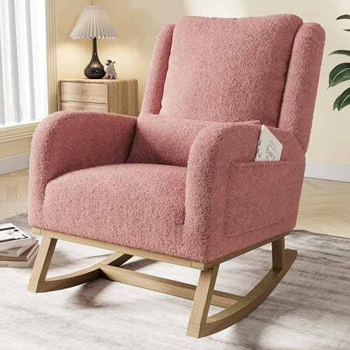 TIMORWTF Rocking Chair, vardagsrum gungstol inomhus, gungstol med ländryggskudde, amningsstol i sammet teddy med massiva träben, rosa (rosa-C)