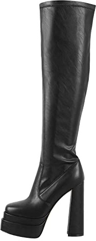 Only maker Bottes au-dessus du genou stretch pour femme avec plateau empilé à talon bloc fermeture éclair, Noir en polyuréthane., 38 EU