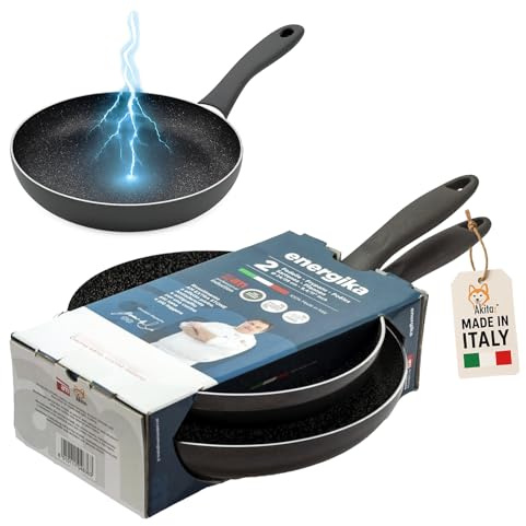 AKITAInk Set Padelle Energika Stone 24/28 cm – Rivestimento Antiaderente Effetto Pietra, Manico Soft Touch, Alluminio Pressofuso, Adatte a Tutti i Piani Cottura (Compreso Induzione)