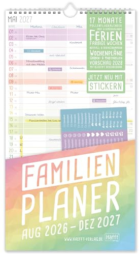 Häfft® Familienplaner Wandkalender 2026/2027 mit 5 Spalten Rainbow | 17 Monate Jahreskalender für Familien 1 Monat auf 1 Seite von August 2026 bis Dezember 2027 mit Sticker