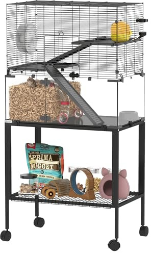 PawHut Gabbia per criceti con vista a 360°, habitat trasparente per criceti con ruote, gabbia per roditori a 3 livelli con sistema di tubi, casetta, rampe, mangiatoia. Gabbia per piccoli animali per