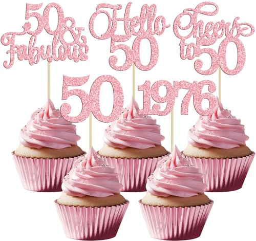 Gyufise 30Pcs 50th Birthday Cupcake Toppers 50 Fabulous Cupcake Picks Cheers to 50 1976 Cake Decorations for Happy 50th Birthday Wedding Anniversary Party Decoration Supplies Pink