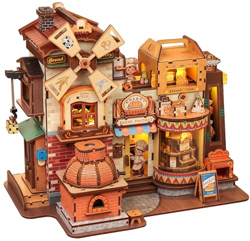 Fsolis Brotfabrik Spieluhr, 3D-Holzpuzzle Miniatur-Bäckerei | Miniatur-Bäckerei mit drehbarem Förderband; DIY-Puppenhaus und dekorative Spieluhr für Bastelfans und Familien