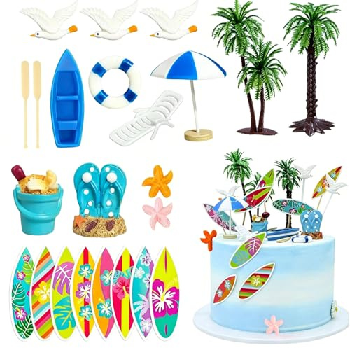 CutitiUU Lot de 23 décorations de gâteau d'été en forme de chaise de plage avec parapluie hawaïen, Aloha - Décoration de gâteau d'anniversaire et de surf - Palmier - Pour fête d'anniversaire sur le