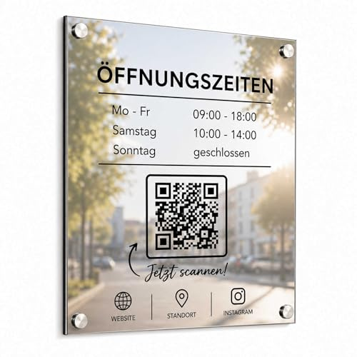 Nomiro - Schilder selbst gestalten - Öffnungszeiten Schild personalisiert mit QR Code - 20x30 cm - Spiegelschild Türschild Büro Praxis Firmenschild individuell gestalten Aluverbundplatte 3 mm Spiegel
