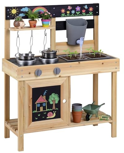 COSTWAY Matschküche Kinder Outdoor, Spielküche Holz mit Wassertank, Herd, Kreidetafel & Spüle, Outdoorküche inkl. Zubehör, Gartenspielzeug für Kinder ab 3 Jahren