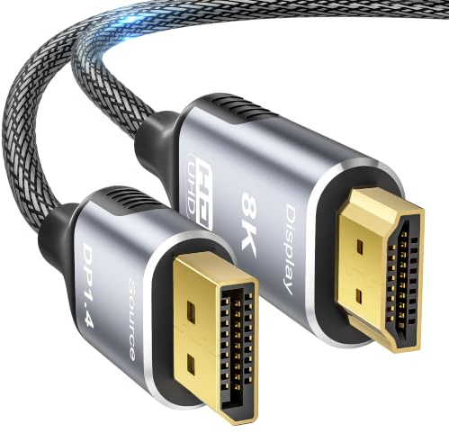 Cable DisplayPort a HDMI 2.1 8K de 10 pies, 8K a 60Hz 4K a 240Hz 2K a 240Hz, cable trenzado unidireccional DP a HDMI compatible con PC, Dell, HP, AMD, Lenovo, monitor, proyector