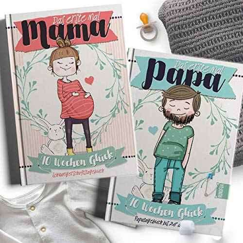 Geschenkset für werdende Eltern - Tagebuch und Erinnerungsalbum an die Schwangerschaft und die Geburt des Babys für Mama und Papa - Rundfux