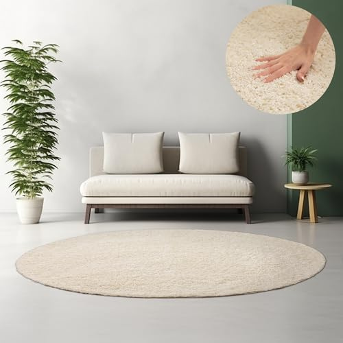 HomebyHome Shaggy Hochflor Teppich, 120 cm Rund, Creme, weich, flauschig, modern, einfarbig, Ideal unter Beistelltisch oder im Flur, für Wohnzimmer Schlafzimmer Flur