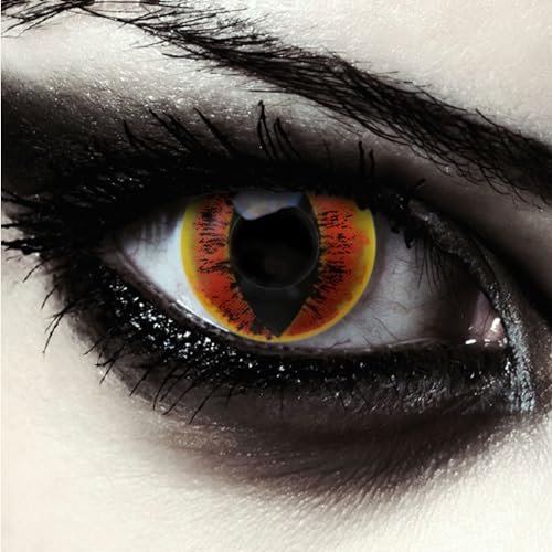 DESIGNLENSES, Lenti a contatto colorate occhio di gatto infuocato per costume di Halloween, senza gradazione, 1 paio (2 pezzi), lentes cosmetiche colore gialle + custodia per lenti Fire Dragon