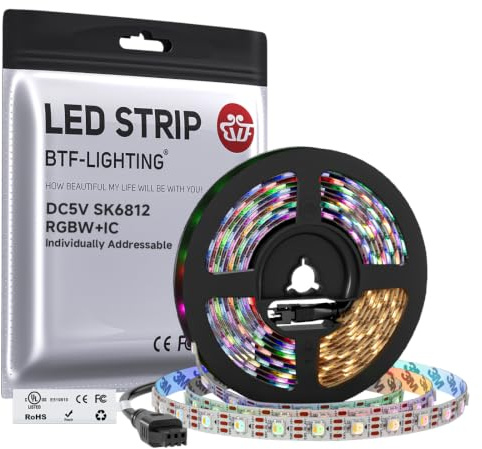 BTF-LIGHTING RGBW RGB+Warm White SK6812 (Similar WS2812B) 4 Colors in 1 LED Strip Individually Addressable 16.4ft 60Pixel/m 300LED Light Dream Color IP30 DC5V White PCB (No Adapter or Controller)