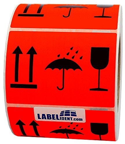 Warnetiketten 105 x 74 mm - Paket Aufkleber Pfeile - Glas - Schirm - Seite nach oben/Vor Nässe schützen/Zerbrechlich - 1.000 Versandaufkleber auf 1 Rolle(n), Papier